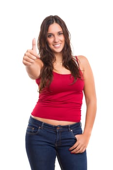 Beautiful young woman signaling ok, isolated over white