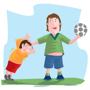 Man holding a soccer ball and scolding a boy