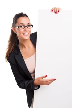Young business woman presenting your product over a white card