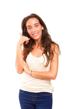 Happy young student making "call me"" sign with hand"