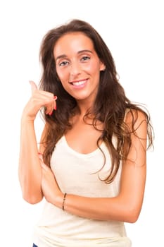 Happy young student making "call me"" sign with hand"
