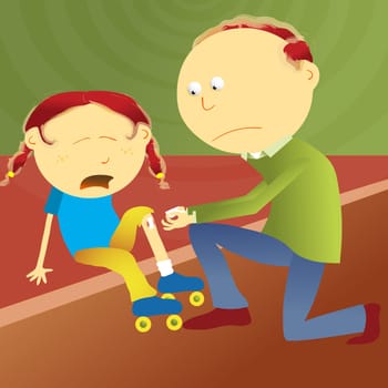 man putting a bandage on his daughter's knee