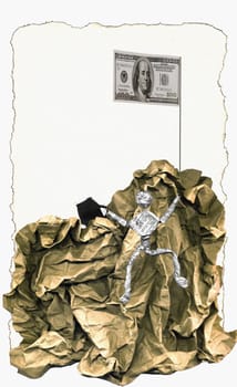 Figurine of a man climbing a mound of paper