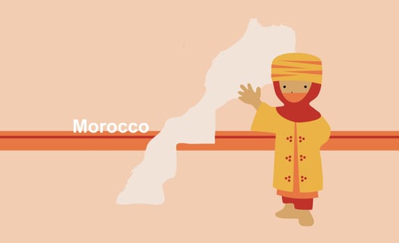 Boy in traditional clothing near map of Morocco
