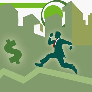 Businessman running towards a dollar sign