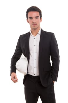 Handsome young engineer posing isolated over white background