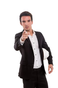Handsome young man pointing at you, isolated over white background