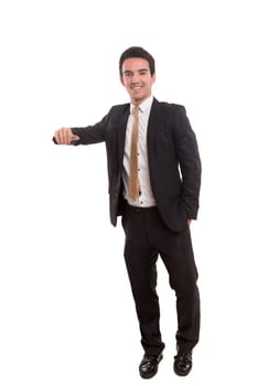 Young man presenting your product, isolated over a white background