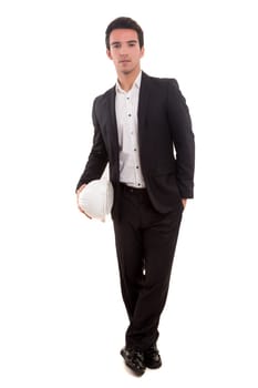 Handsome young engineer posing isolated over white background