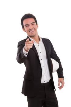 Handsome young man pointing at you, isolated over white background