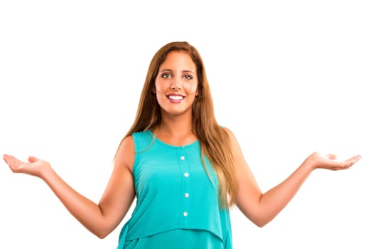 Young beautiful woman presenting your product, isolated over white background