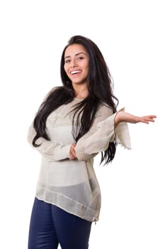 Young beautiful woman presenting your product, isolated over white background