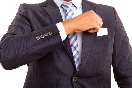 African business man offering greeting card, isolated over white
