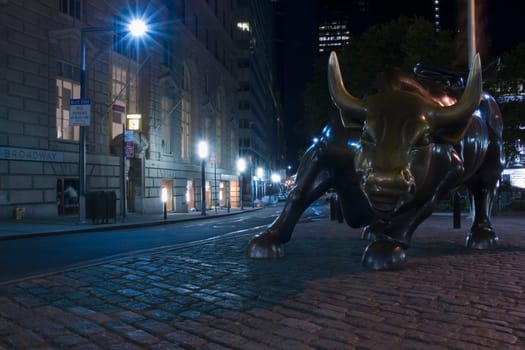 Statue of a charging bull in a street, Wall Street, Manhattan, New York City, New York State, USA