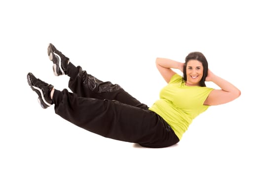 Beautiful large woman exercising - isolated over a white background