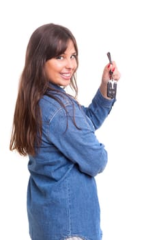 Woman with car key, isolated over white background