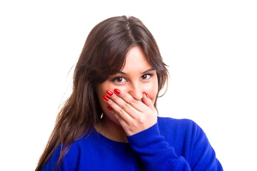Surprised young woman isolated over white background