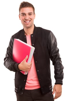 Young happy student posing isolated over white background