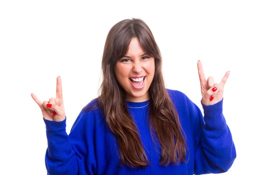 Happy woman showing rock sign, isolated over white