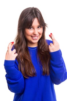 Woman with crossed fingers, isolated over a white background