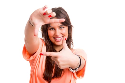 Young woman making framing key gesture - isolated over copy space background