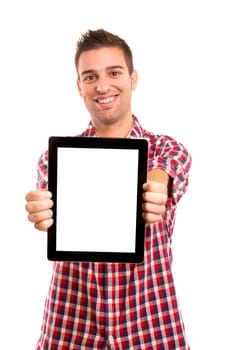 Happy young man presenting your product in a tablet computer
