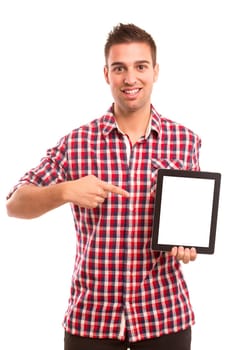 Happy young man presenting your product in a tablet computer