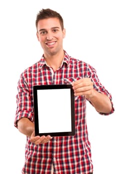 Happy young man presenting your product in a tablet computer