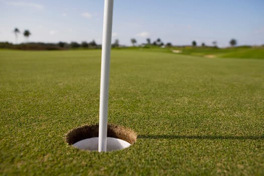 Close_up of a golf hole with a flag pole