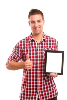 Happy young man presenting your product in a tablet computer