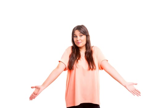 Woman with open hands asking sorry, isolated