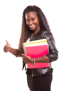 Beautiful african student woman posing isolated over white background