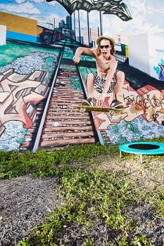 Low angle view of a young man skateboarding