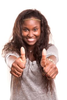 Beautiful young woman signaling ok, isolated over white