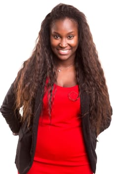 Beautiful young african woman posing isolated over white
