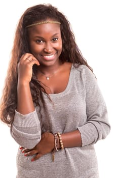 Beautiful young african woman posing isolated over white