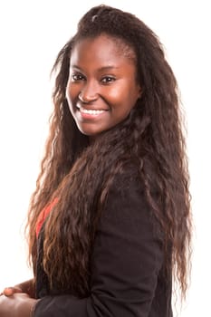 Beautiful young african woman posing isolated over white