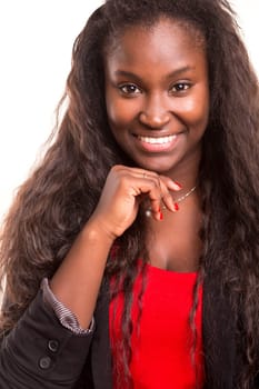 Beautiful young african woman posing isolated over white