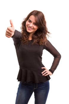 Beautiful young woman signaling ok, isolated over white