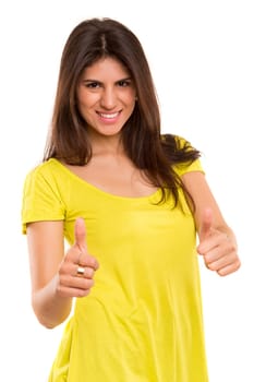 Beautiful young woman signaling ok, isolated over white