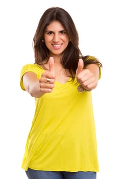 Beautiful young woman signaling ok, isolated over white