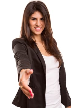 Young business woman offering handshake, isolated over copy space background