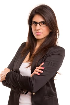 Beautiful young business woman posing isolated over copy space background