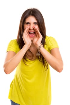 Very happy woman screaming of joy, isolated over a white background