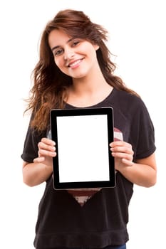 Happy young woman presenting your product in a tablet computer