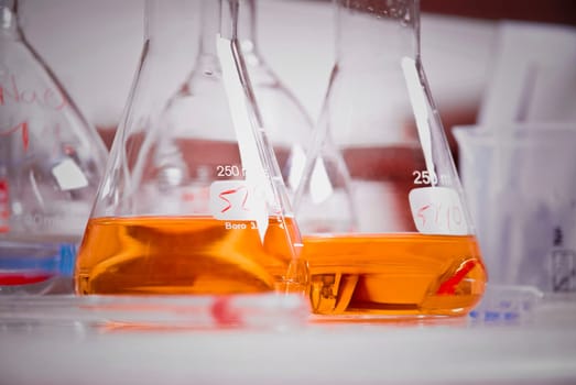 Close_up of beakers in a laboratory