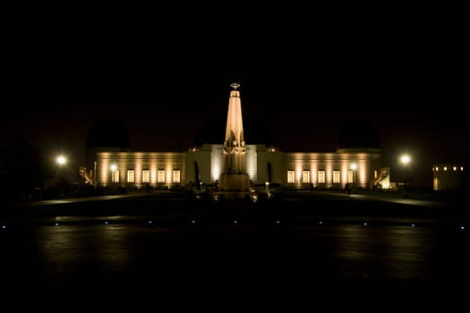 Building lit up at night, Griffith Park Observatory, Los Angeles, California, USA