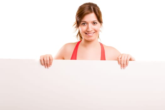 Sport fitness woman hold blank board advertisement with empty copy space, young healthy smile girl athletic muscle body, perfect figure isolated over white background