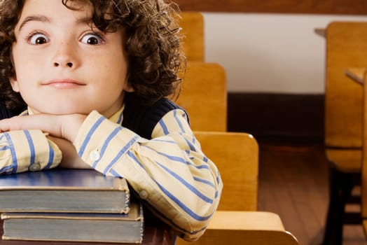 Schoolboy sitting with books in a classroom