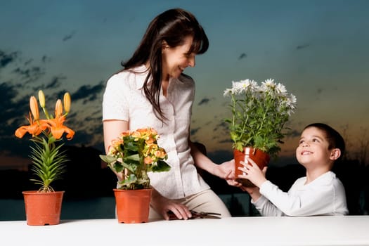 Boy giving a flower pot to his mother and smiling